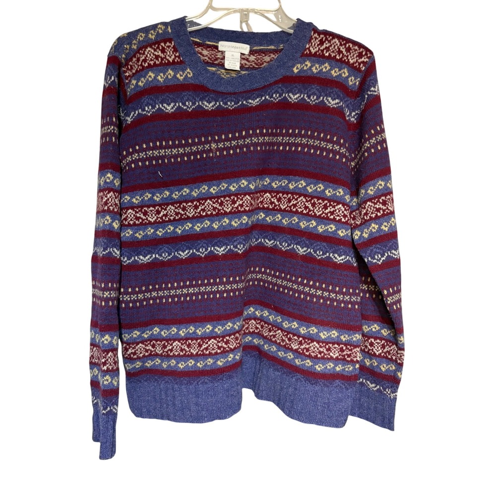 NorthWest Blue wool sweater Mens XL Fair Isle Purple Lambswool Crew Neck
